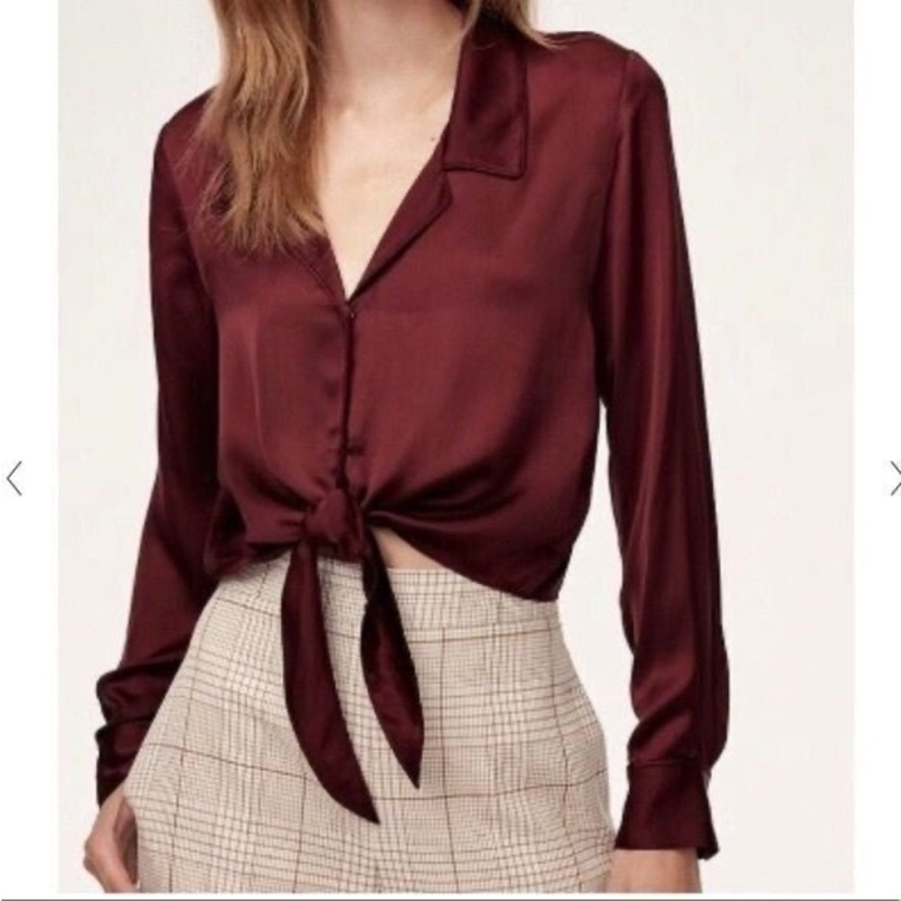 Aritzia Wilfred Tie Front Blouse Long Sleeve Cupro Satin Button Front Burgundy S